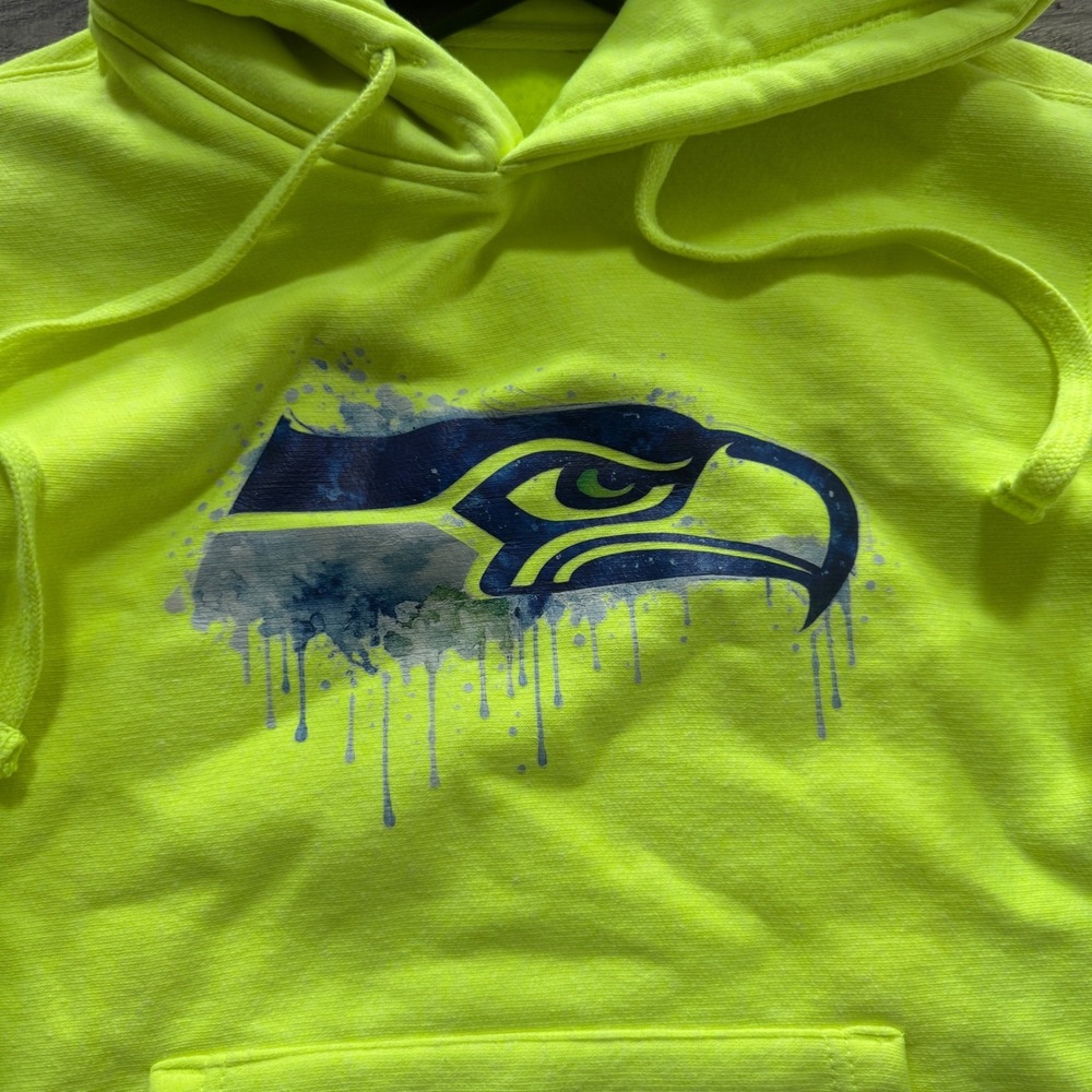 Seattle Seahawks Neon Lime Green Watercolor Drip Logo Hoodie Sweatshirt